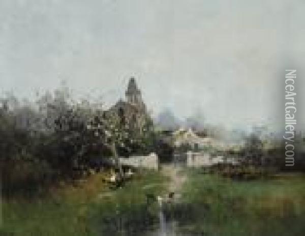 Village Church With A Duck Pond Oil Painting - Eugene Galien-Laloue