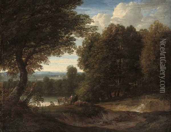 A Wooded Landscape With Herdsman And Their Cattle Oil Painting - Pieter Bout