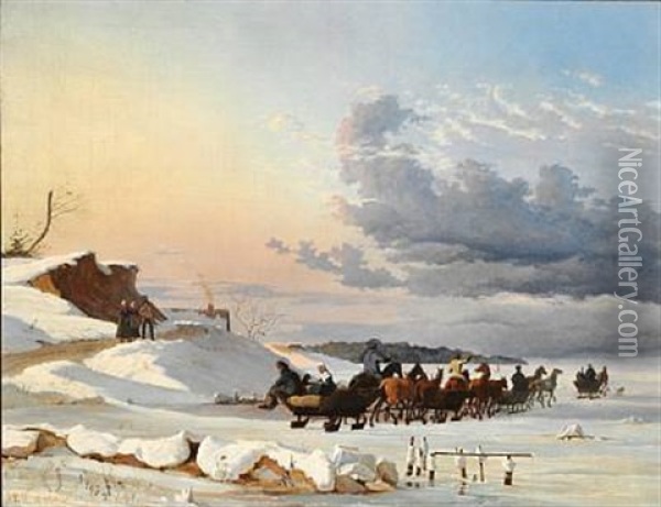 Swedish Sledges On Their Way Back After Having Sold Goods In Copenhagen Oil Painting - Johan Thomas Lundbye