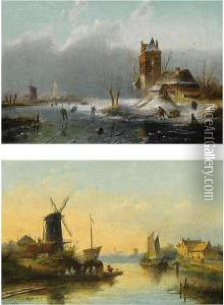A Summer Landscape With A Ferry 
At A Riverside Windmill; A Winterlandscape With Skaters On The Ice (a 
Pair) Oil Painting - Jan Jacob Coenraad Spohler