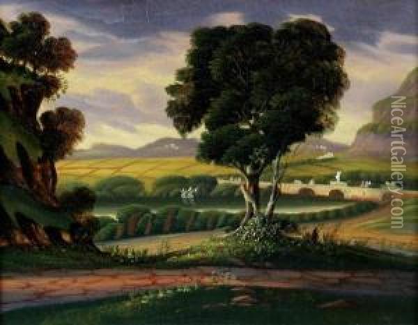 Landscape With Bridge Oil Painting - Thomas Chambers