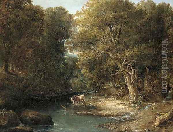 Cattle watering in a wooded landscape Oil Painting - William Bath