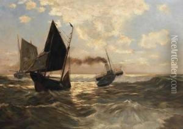 Morgendlichemarine Mit Segelbooten Und Dampfer Oil Painting - Emil Axel Krause