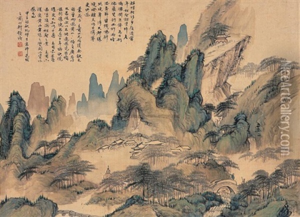 Houhai In Huangshan Mountain Oil Painting -  Wang Caibai