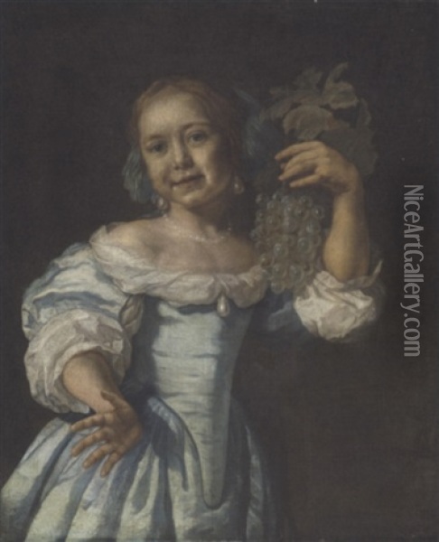 Portrait Of A Young Girl In A Blue And White Dress With A Blue Ribbon In Her Hair, A Bunch Of Grapes In Her Left Hand Oil Painting - Bartholomeus Van Der Helst