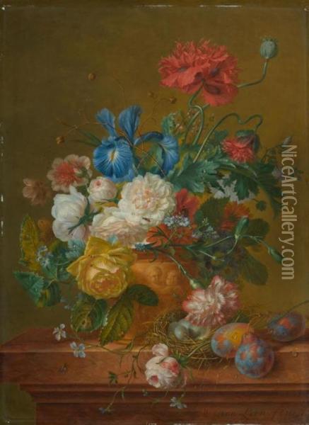 Still Life With Flowers And Bird's Nest. 1819 Oil Painting - Willem van Leen