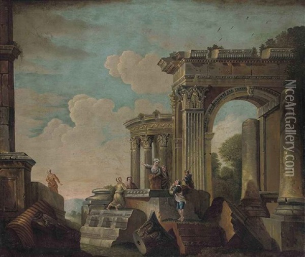 An Architectural Capriccio With Figures Conversing Amongst Classical Ruins Oil Painting - Giovanni Paolo Panini