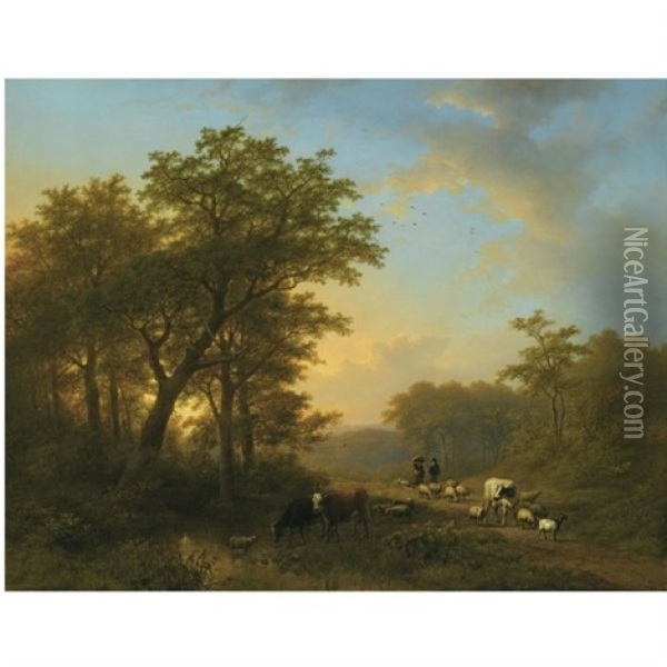 Herdsmen With Cattle On A Path In A Wooded Landscape Oil Painting - Johann Bernard Klombeck