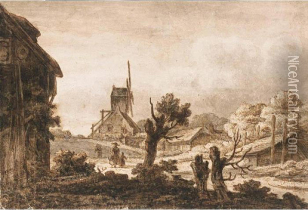 Village Landscape With Figures On A Road, And A Mill Behind Oil Painting - Lambert Doomer