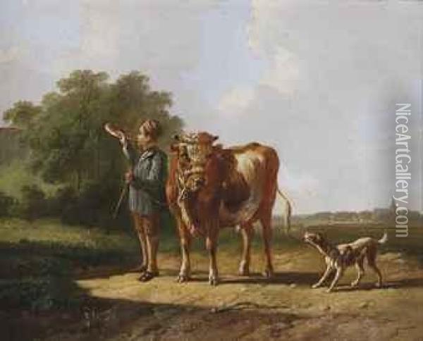 A Cowherd And His Bull Oil Painting - Albertus Verhoesen