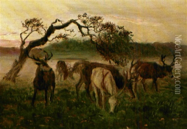 Hjorte Pa Skovslette Oil Painting - Otto Bache