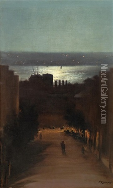 View Of Besiktas From The Artist's House At Night Oil Painting - Fausto Zonaro