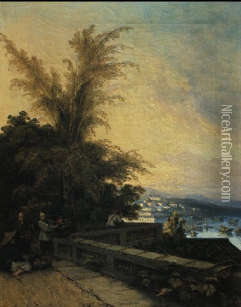 The Inner Harbour, Macau, Seen From The Casa Gardens Oil Painting - George Chinnery