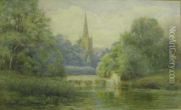 River Scene With Church Spire Visible Oil Painting - Edward Mills