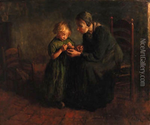 The knitting lesson Oil Painting - Jacob Simon Hendrik Kever