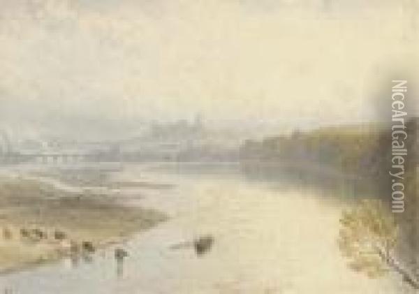 Lancaster From The River Lune Oil Painting - Myles Birket Foster