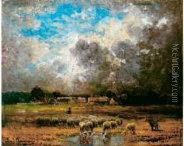 Berger Et Troupeau De Moutons Sous Un Ciel Orageux Oil Painting - Paul Chaigneau