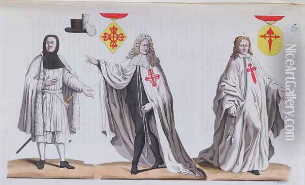 Knights of Calatrava in War Costume, Ceremonial Costume and as a Knight of the Order of St. James, illustration from Costume Antico e Moderno by Guilio Ferrario, c.1820 Oil Painting - Vittorio Raineri
