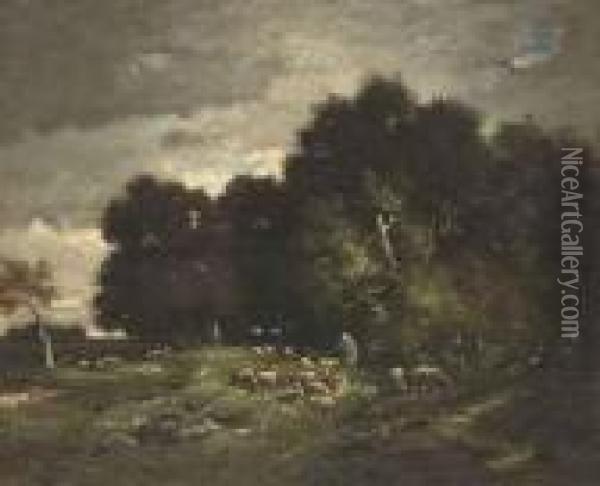A Shepherd Grazing His Flock Oil Painting - Charles Emile Jacque
