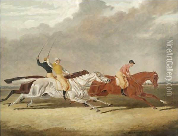 Race For The Subscription Plate At Newmarket 22nd April 1835 Between Plenipotentiary, Clearwell And Rosalie Oil Painting - John Frederick Herring Snr