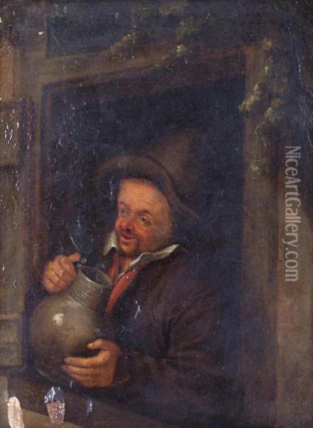 A Man Standing At A Window Holding A Jug. Oil Painting - Adriaen Jansz. Van Ostade