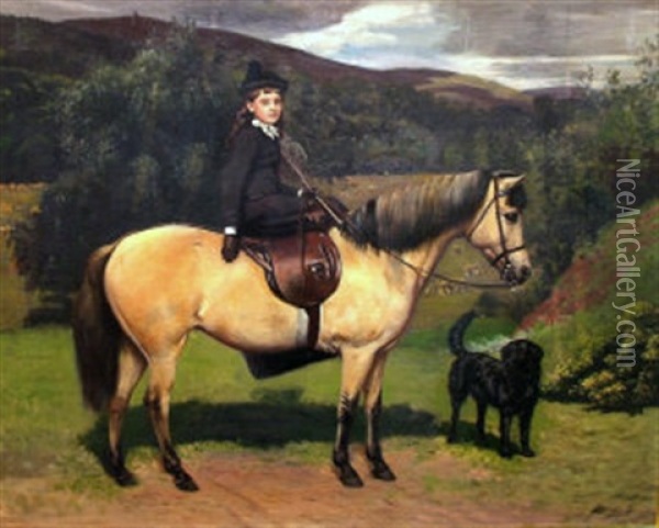 Janet Florence Menzies (lady Bridges) On A Pony In A Landscape Oil Painting - Sir Francis Grant