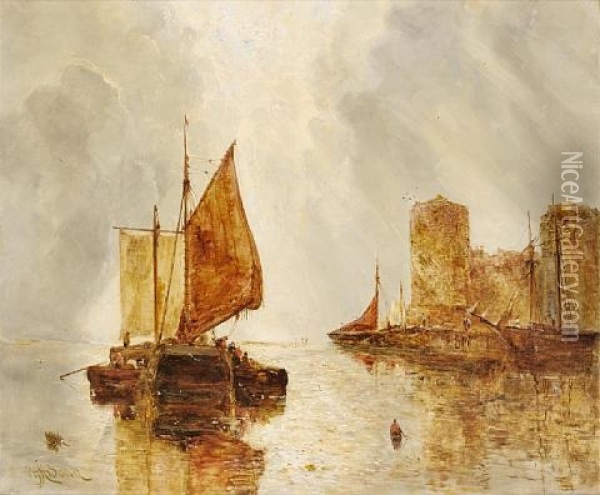 Fishing Boats At And Off The Quay At Caernarvon, With The Castle Rising Beyond Oil Painting - William Joseph J. C. Bond