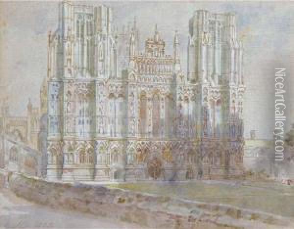 View Of Wells Cathedral Oil Painting - Thomas Matthew Rooke