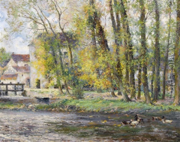 Herbstliche Uferlandschaft Mit Enten Oil Painting - Michel Korochansky