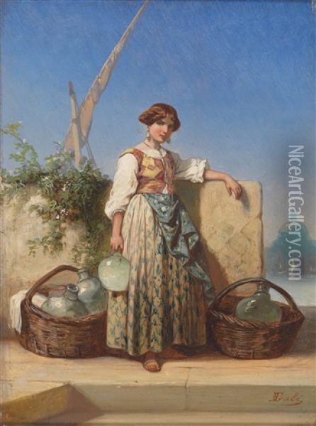 Glasverkauferin Vor Der Silhouette Von Santa Maria Della Salute In Venedig Oil Painting - Nicholas Edward Gabe