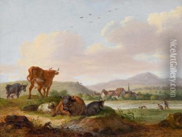 Ein Paar Landschaften. 1. Sudliche Landschaft Mit Ruhenden Kuhen Oil Painting - Maximillian Neustuck