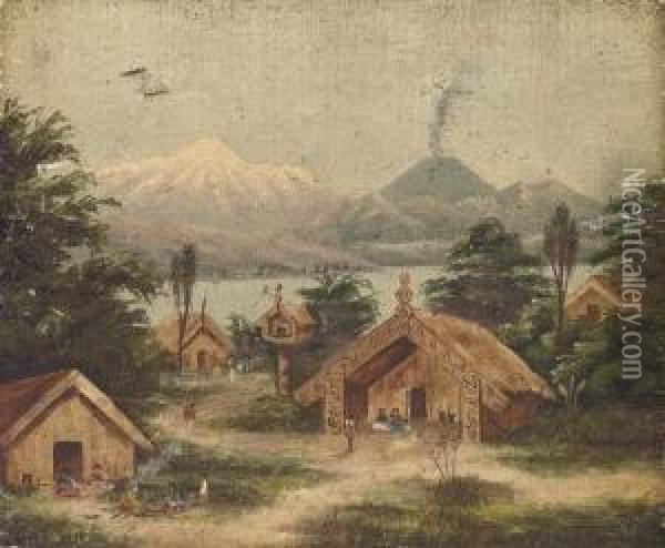 Figures Within A Maori Pa Beside
 A Lake, With Mountains Beyond; And A Maori War Canoe On A Lake, With A 
Maori Settlement Beyond Oil Painting - John Philamon Backhouse