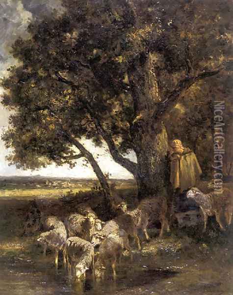 A Shepherdess with Her Flock by a Pool Oil Painting - Charles Emile Jacque