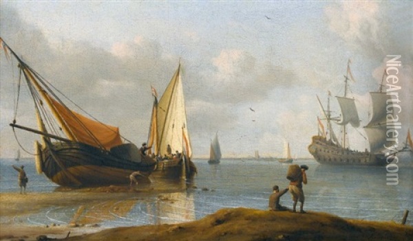 Kustenlandschaft Mit Segelschiffen Und Staffage Oil Painting - Aernout (Johann Arnold) Smit
