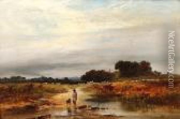 Man And His Dog Fording A Stream, Clipstone Oil Painting - George Augustus Williams