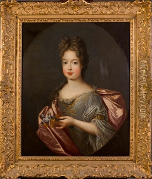 Portrait De Marie Adelaide De Savoie, Duchesse De Bourgogne, Tenant Un Bouquet De Fleurettes Oil Painting - Pierre Gobert