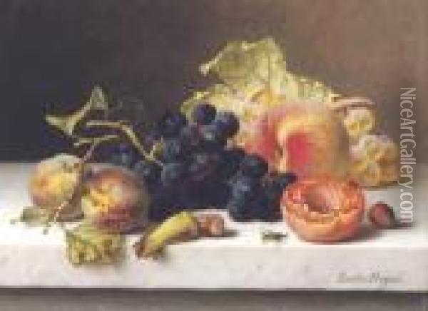 Grapes, Peaches And Plums On A Marble Ledge Oil Painting - Emilie Preyer