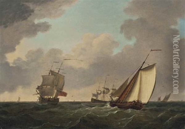 A Cutter Yacht Passing Two Frigates In A Freshening Breeze Oil Painting - Francis Swaine