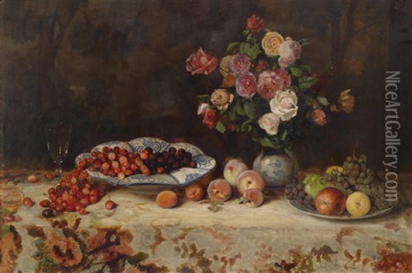 Stillleben Mit Kirschen Und Rosen Oil Painting - Eduard Gehbe