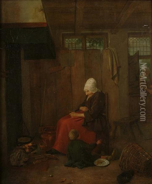 An Interior With Elderly Lady And A Young Boy Seated Before A Fire Oil Painting - Johannes Christian Janson