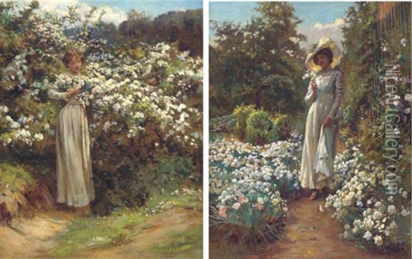When The Thorn Is White With Blossom (+ All In A Garden Fair, 1911; Pair) Oil Painting - Robert Payton Reid