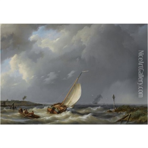 A Fishing Vessel Heading Into Open Waters, A Two-mast In The Distance Oil Painting - Hermanus Koekkoek the Elder