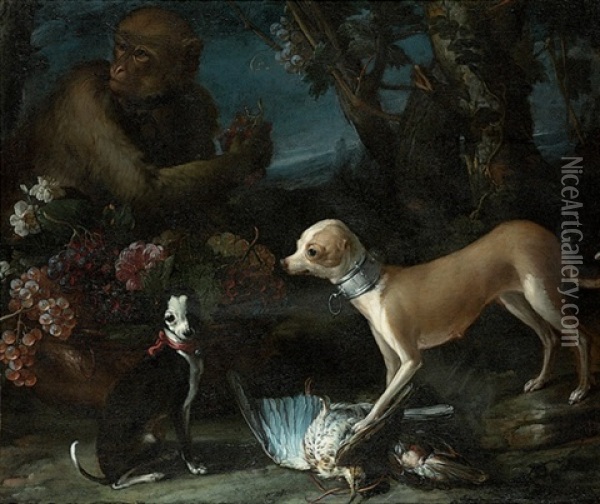 Two Dogs, A Brace Of Woodcock, A Monkey, And Flowers And Grapes In A Copper Urn Oil Painting - Candido Vitali
