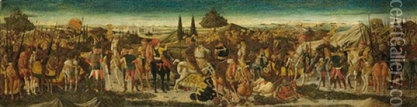 A Battle Scene: A Cassone Front Oil Painting - Giovanni di Ser Giovanni di (lo Scheggia) Simone