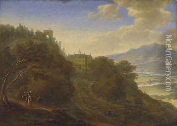 A Rhenish landscape with figures on a path, a mansion beyond Oil Painting - Johannes Vorstermans