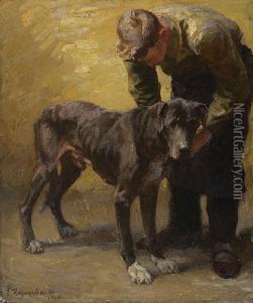 Mann Mit Dogge. Oil Painting - Emanuel Hegenbarth