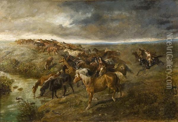 Horsemen Driving Wild Horses Beneath Broodingskies Oil Painting - Joseph I Von Berres