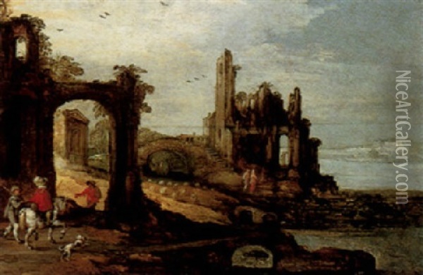 A Coastal Landscape With Travellers And Herdsmen Near A Set Of Ruins Oil Painting - Joos de Momper the Younger