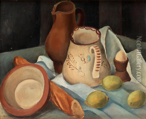 Still Life With Jar And Lemons Oil Painting - Knut Lundstrom