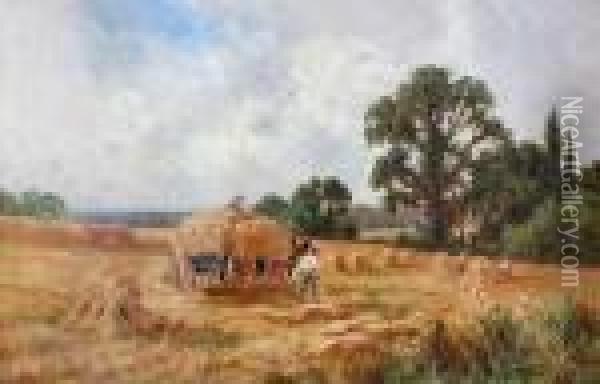 Harvest Scene With Men Loading Cornstooks On Awagon Oil Painting - Henry Hillier Parker